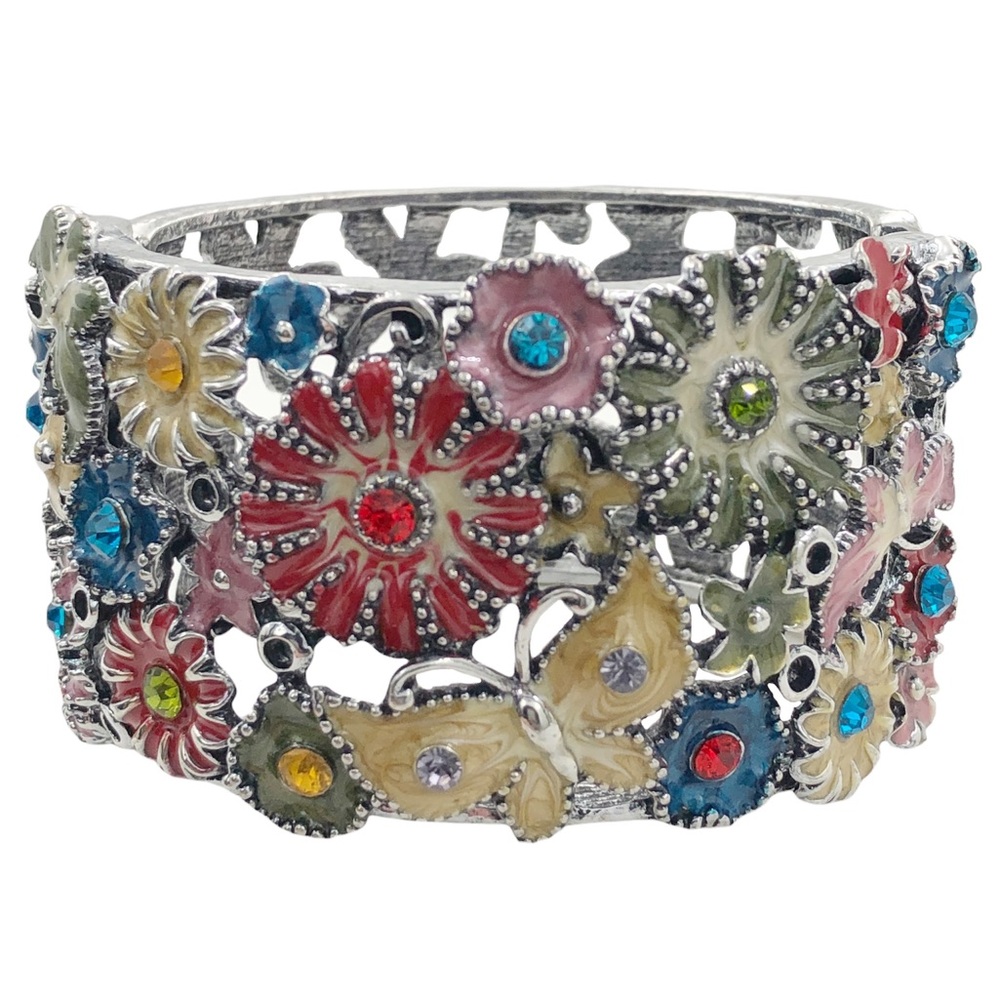 Multicolor Enamel & Rhinestone Fun Flowers Butterfly Hinged Bangle Bracelet